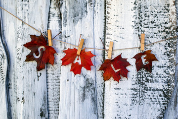 word sale of letters carved on colorful red bright maple leaves hanging on a wooden wall on a rope with clothespins autumn Sunny morning