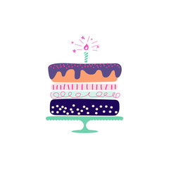 Holiday cake vector illustration. Hand drawn style colorful anniversary cake clipart.