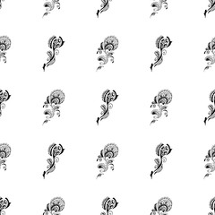 Seamless pattern of summer tropical flowers. Floral botanical seamless pattern isolated on black. Hand drawn vector illustration. Botanical Hawaii nature. Tropical leaf. Hawaiian vector illustration