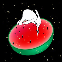 Abstract funny illustration of an elephant who drinks watermelon juice, vector print - 295704850