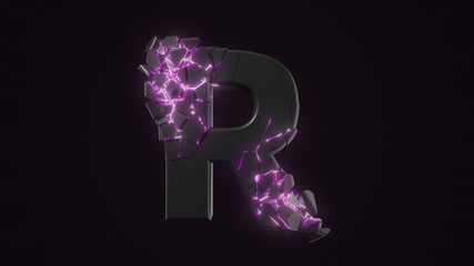 strangely cracked R letter. technological and mystical look with glowing inside details. 3d illustration