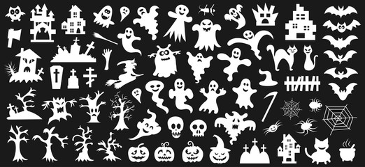 Set of white silhouettes of Halloween on a black background. Vector illustration