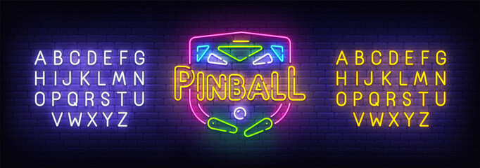 Pinball neon sign, bright signboard, light banner. Pinball logo, emblem. Neon sign creator. Neon text edit. Vector illustrationtext