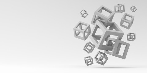 Many white cubes of different sizes on a white background. 3d render.