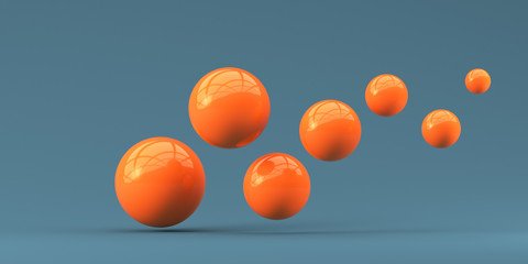 Falling orange balls in the blue background. 3d render illustration for advertising.