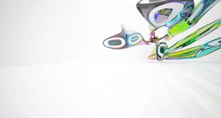 Abstract architectural white and glass gradient color smooth interior of a minimalist house with large windows.. 3D illustration and rendering.