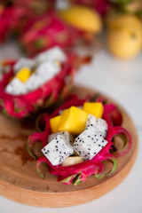 Dragon fruit Pitaya blanca or white-fleshed pitahaya has pink-skinned fruit with white flesh.