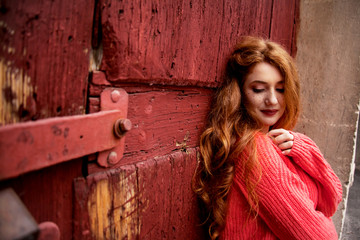 Fototapeta premium Portrait of beautiful redhead woman with long hair is posing against retro wood red wall.