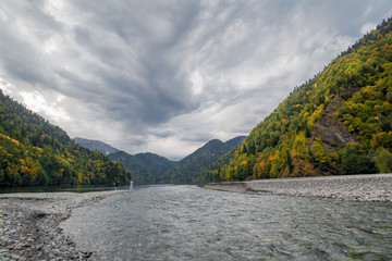 Lake Ritsa Abkhazia mountains water nature autumn trees