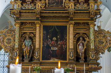Interior of St. Peter's Church (Sankt Petri kyrka). The altar, which was completed in 1611, is the...