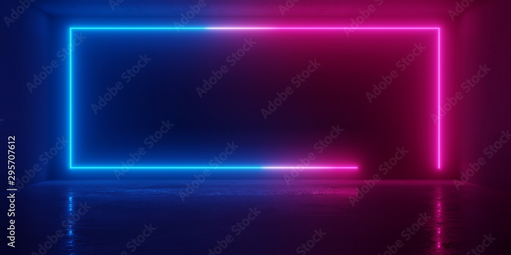 Poster abstract blue and red glowing neon light rectangle in empty concrete room with shiny reflective floo