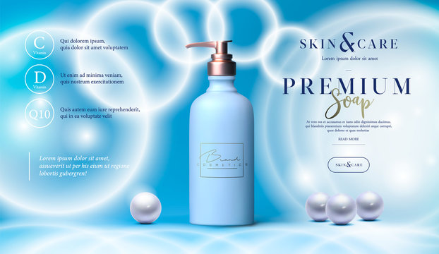 Skin care cosmetics body lotion, washing gel or cleancer in white bottle with pump. Liquid soap packaging vector poster, flyer, or web banner. Mock-up promo banner. Soap tube packaging promo design.