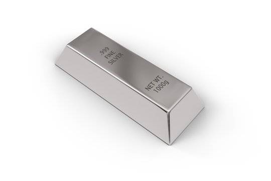 Single silver ingot or bar over white background - precious metal or money investment concept, 3D illustration