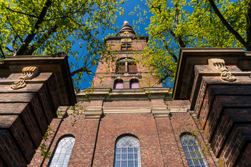 Church of Our Saviour in Copenhagen, 	Denmark. The black and golden spire reaches a height of 90...
