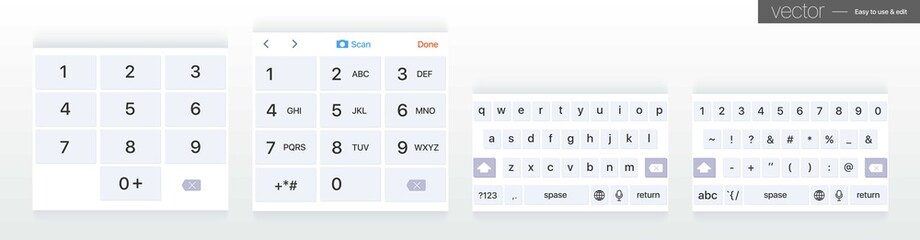 Set of vector mobile keyboards. Alphabet and numerals buttons