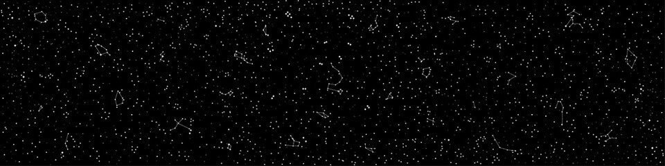 Abstract Panoramic Sky Map of Hemisphere. Black and White Constellations on a Night Background. Raster Illustration © Grigory