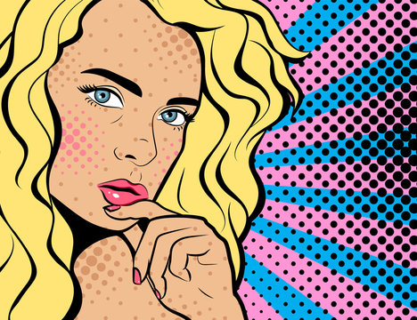 Sexy young woman. Advertising Pop Art poster or party invitation with club girl with open mouth in comic style. - Illustration. Face close-up.