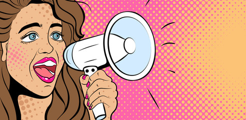 Sexy young woman with open mouth and megaphone screaming announcement. Advertising Pop Art poster or party invitation with club girl in comic style.  Illustration. Face close-up.