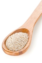 White whole, organic chia seeds heap in brown wooden spoon over white background