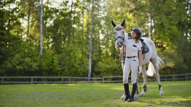 Care and love from horsewomen to her horse in nature
