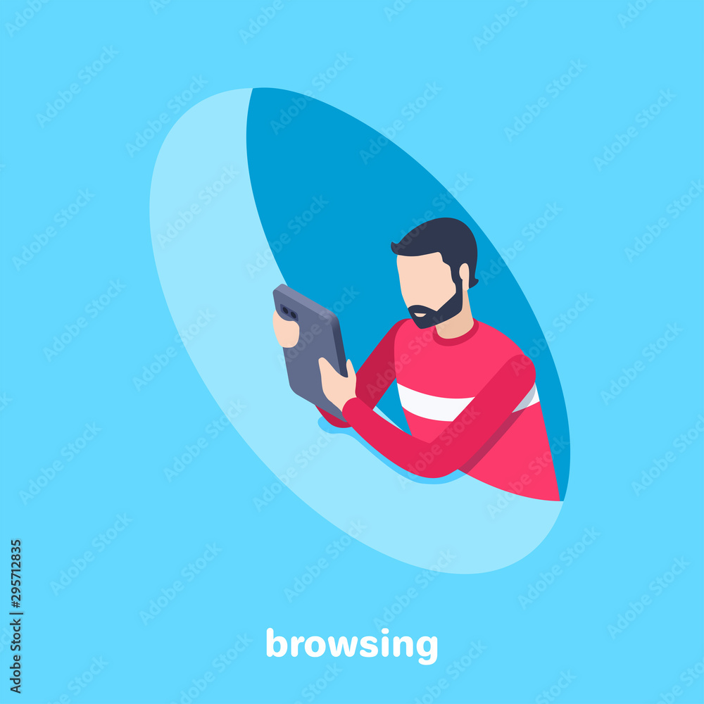 Poster isometric vector image on a blue background, business concept, man reads messages on a smartphone sc