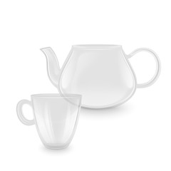 Transparent teapot and Cup in realistic style on white background, transparent glassware, vector illustration