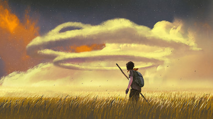 young man walking through a meadow and looking at the ring clouds in the sky, digital art style, illustration painting © grandfailure