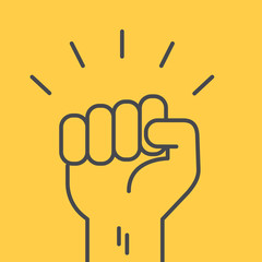 flat linear vector image on yellow background, hand with fist raised up, protest or greeting