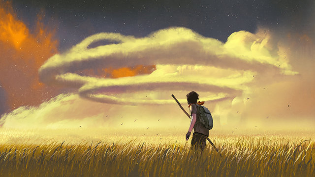 Fototapeta young man walking through a meadow and looking at the ring clouds in the sky, digital art style, illustration painting