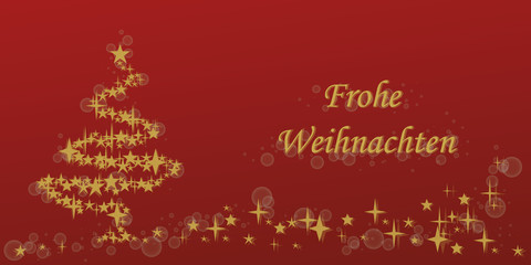 weihnachtsrote Karte mit Text Frohe Weihnachten auf Deutsch mit Weihnachtsbaum und Sternenschweif