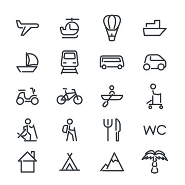 flat vector image on white background, set of linear transport icons and travel