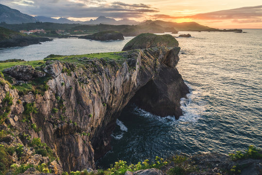 Beautiful sea view with rocks in Asturias, Spain, Europe. Atlantic Ocean coastline