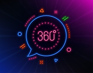 360 degrees line icon. Neon laser lights. Panoramic view sign. VR technology simulation symbol. Glow laser speech bubble. Neon lights chat bubble. Banner badge with 360 degrees icon. Vector