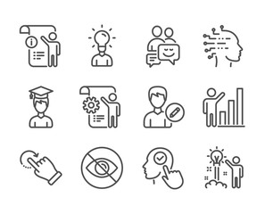 Set of People icons, such as Student, Artificial intelligence, Graph chart, Settings blueprint, Select user, Creative idea, Rotation gesture, Education, Edit person, Communication. Vector