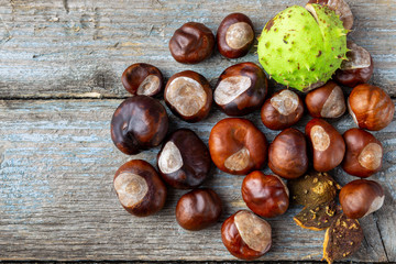 Still life of chestnuts on arustic wood table.