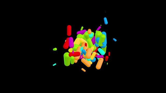 Chaotic multicolored pills pellets particles movement - abstract looped background. Option with black background and alpha channel.