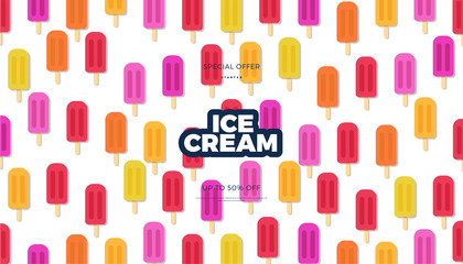 Ice cream vector banner illustration, modern style pattern template for web or print commercial design