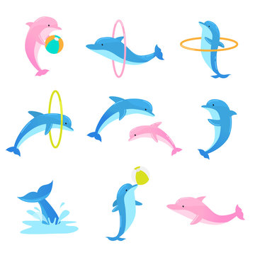 Colorful set of playful dolphins performing tricks with ring and ball. Vector illustration in flat cartoon style