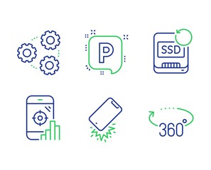 Parking, Gears and Recovery ssd line icons set. Smartphone broken, Seo phone and 360 degrees signs. Auto park, Work process, Backup info. Phone crash. Business set. Line parking outline icons. Vector