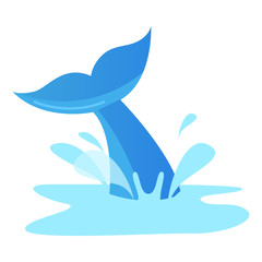 Dolphin tail out of the water with water splashing. Vector illustration isolated on white background