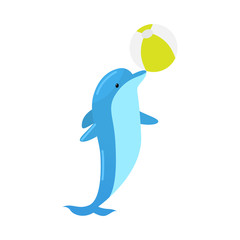 Blue dolphin with a ball. Vector illustration isolated on white background