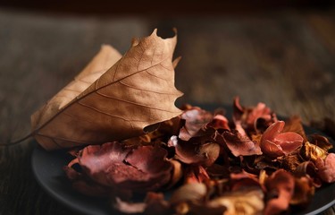 autumn maple leaves on wooden background, autumn mood 