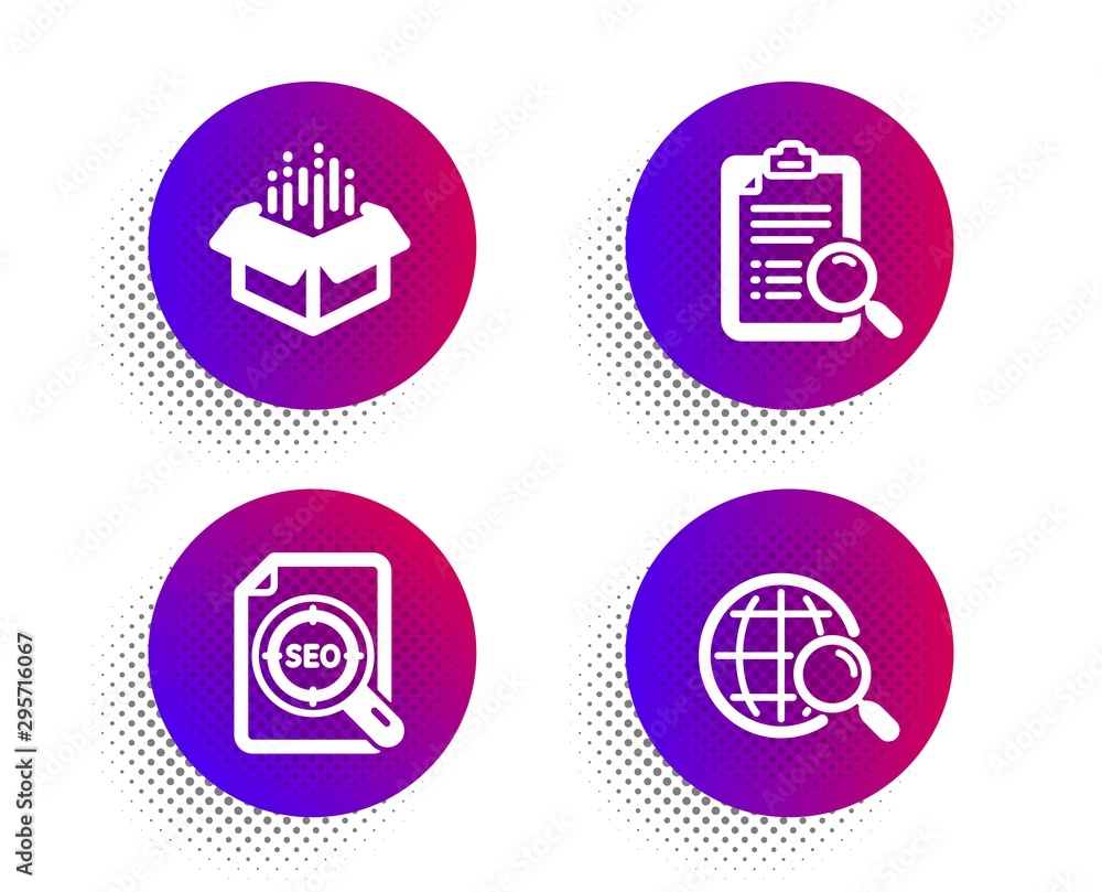 Poster seo file, search analysis and open box icons simple set. halftone dots button. web search sign. find