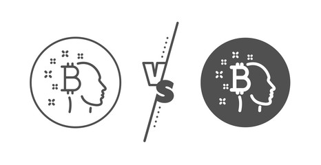 Cryptocurrency head sign. Versus concept. Bitcoin think line icon. Crypto money symbol. Line vs classic bitcoin think icon. Vector