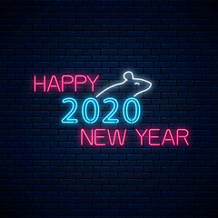 Rat silhouette and happy 2020 new year glowing neon text. 2020 chinese new year symbol greeting card design