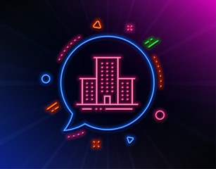 University campus line icon. Neon laser lights. Apartments sign. Architecture buildings symbol. Glow laser speech bubble. Neon lights chat bubble. Banner badge with university campus icon. Vector