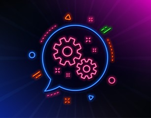 Work line icon. Neon laser lights. Business management sign. Cogwheel or gear symbol. Glow laser speech bubble. Neon lights chat bubble. Banner badge with work icon. Vector