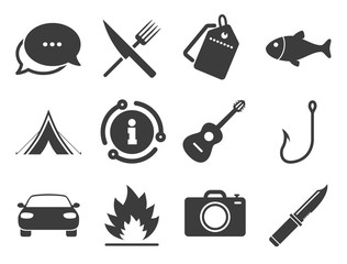 Fishing, campfire and tourist tent signs. Discount offer tag, chat, info icon. Camping travel icons. Guitar music, fork and knife symbols. Classic style signs set. Vector