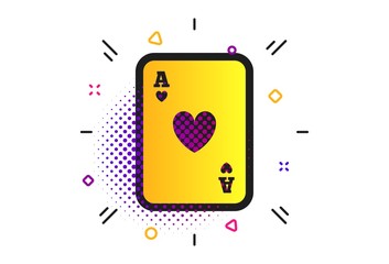 Casino sign icon. Halftone dots pattern. Playing card symbol. Ace of hearts. Classic flat playing card icon. Vector