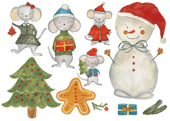 Watercolor Christmas set hand-painted with watercolor paints and is suitable for all types of design